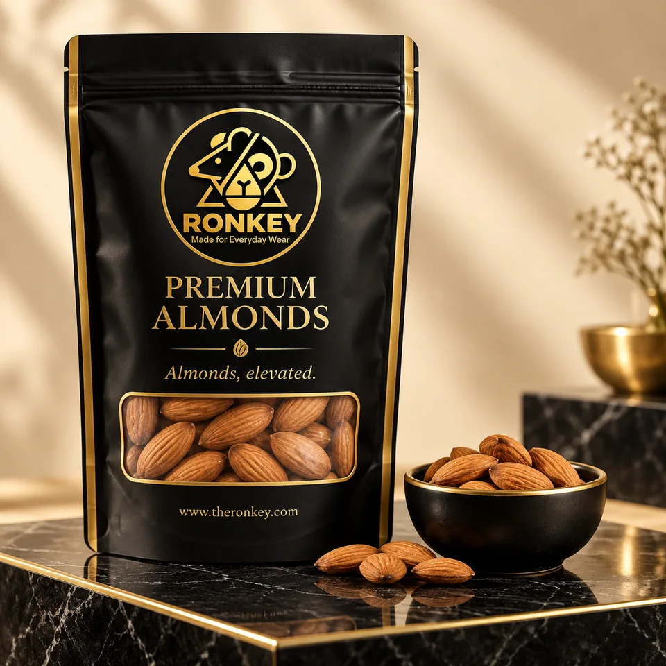 RONKEY Premium Almonds in black-and-gold RONKEY packaging. — representative concept visual
