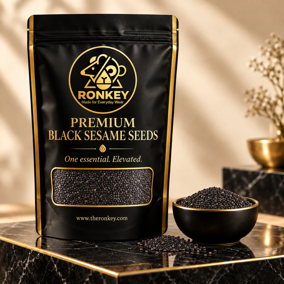 RONKEY Premium Black Sesame Seeds in a matte-black RONKEY pouch with a clear seed window. — representative concept visual
