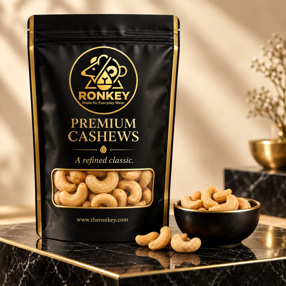 RONKEY Premium Cashews in black-and-gold RONKEY packaging. — representative concept visual