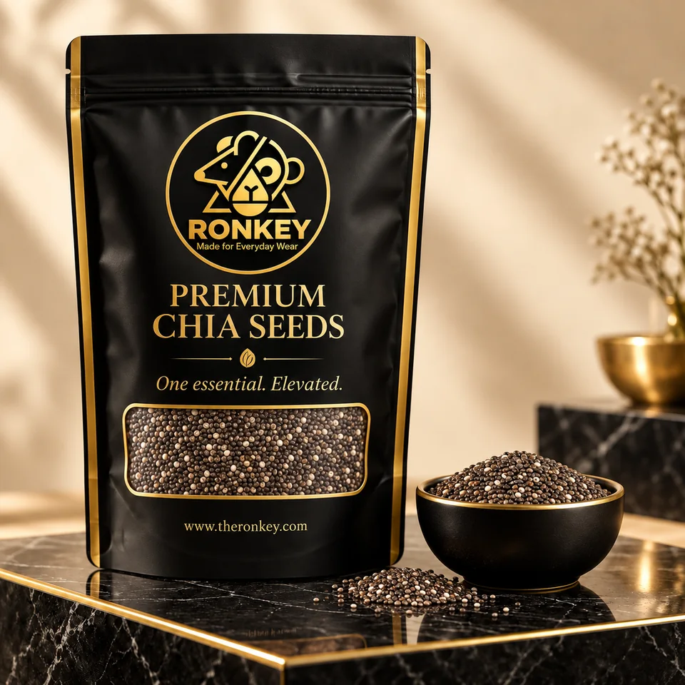 RONKEY Premium Chia Seeds in a matte-black RONKEY pouch with a clear seed window. — representative concept visual