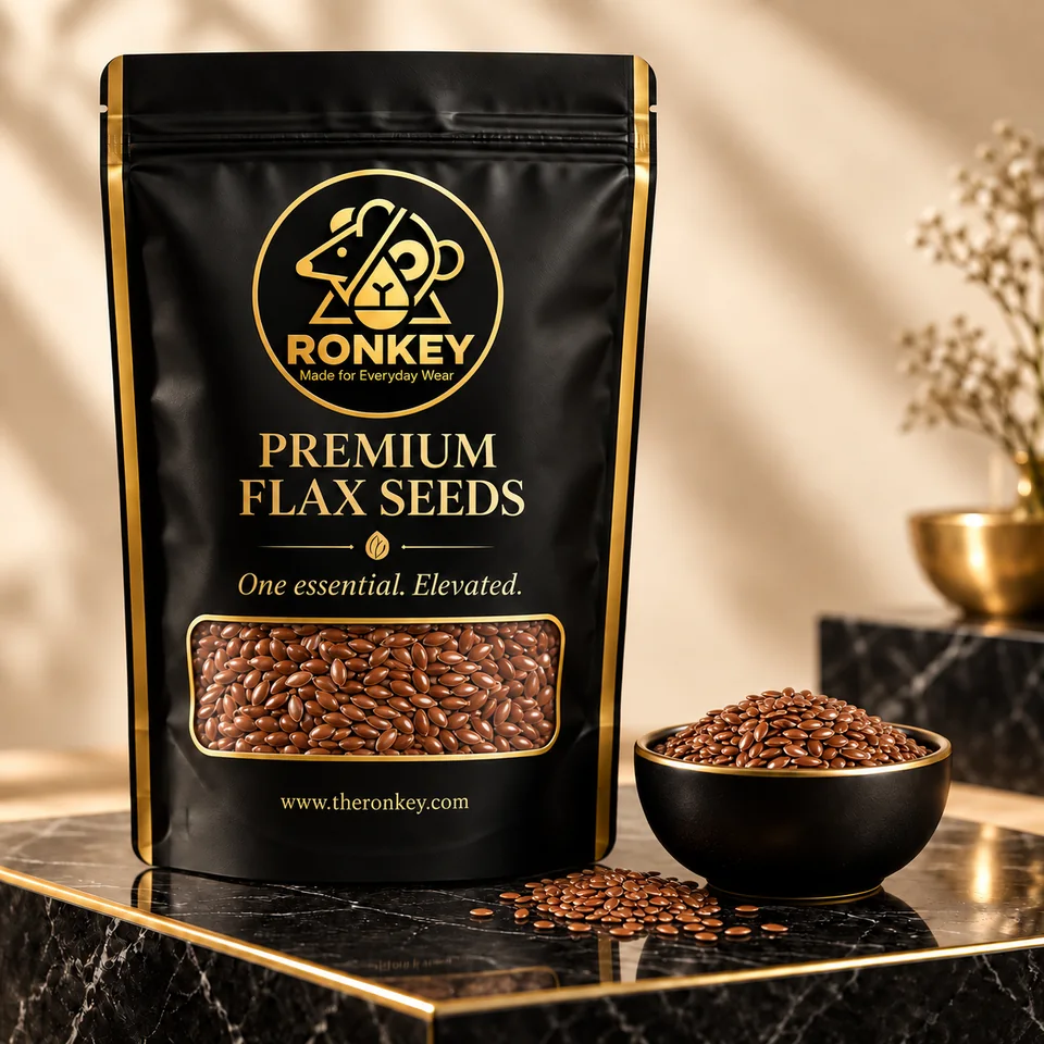RONKEY Premium Flax Seeds in a matte-black RONKEY pouch with a clear seed window. — representative concept visual
