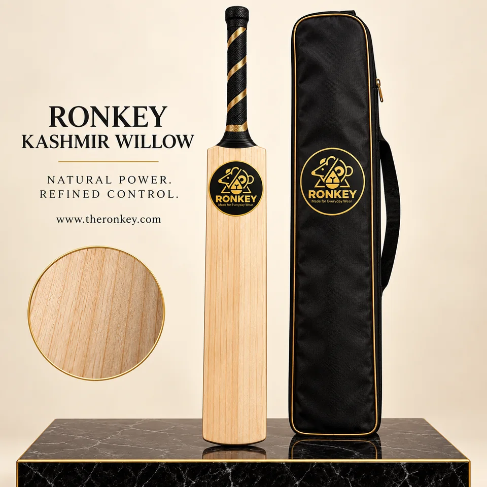 RONKEY Premium Kashmir Willow Cricket Bat with RONKEY logo and black luxury bat cover. — representative concept visual