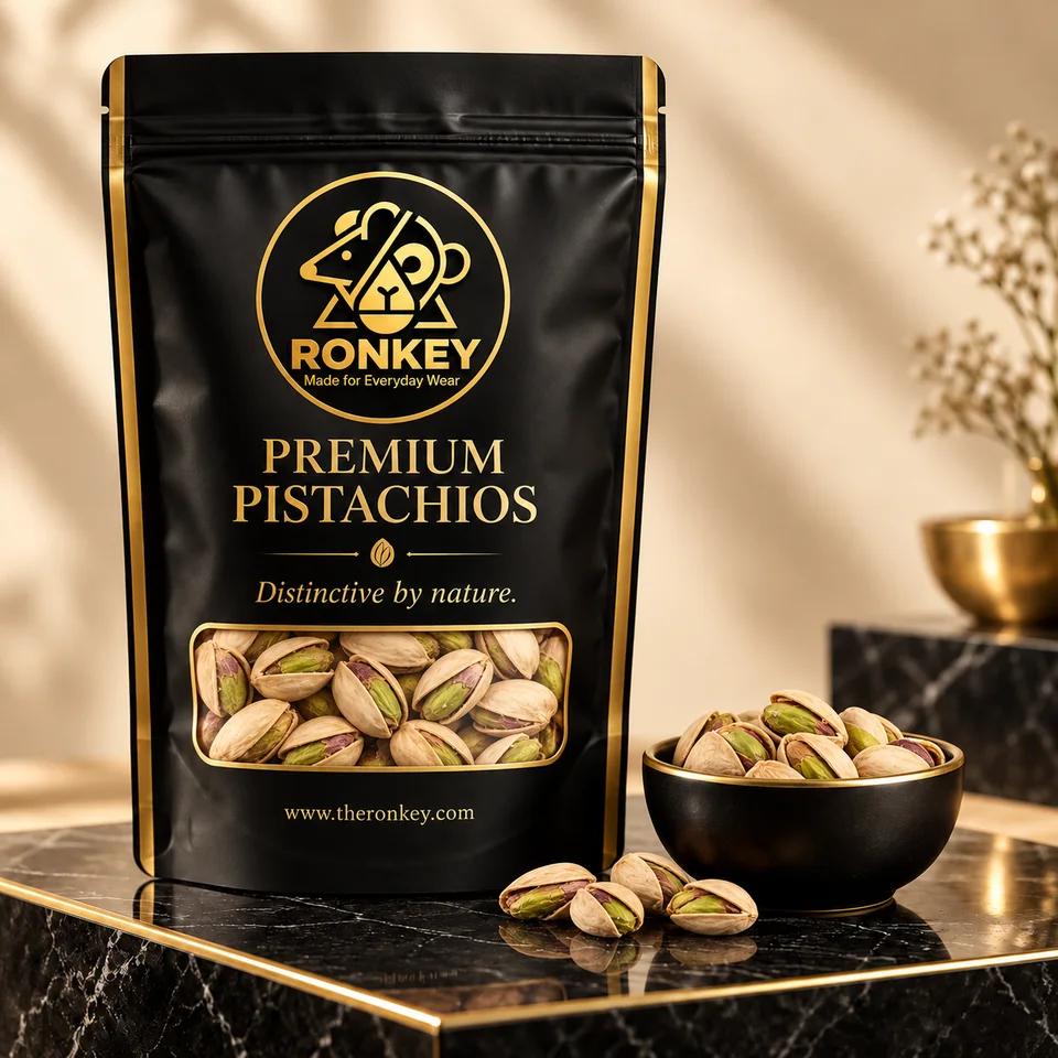 RONKEY Premium Pistachios in black-and-gold RONKEY packaging. — representative concept visual