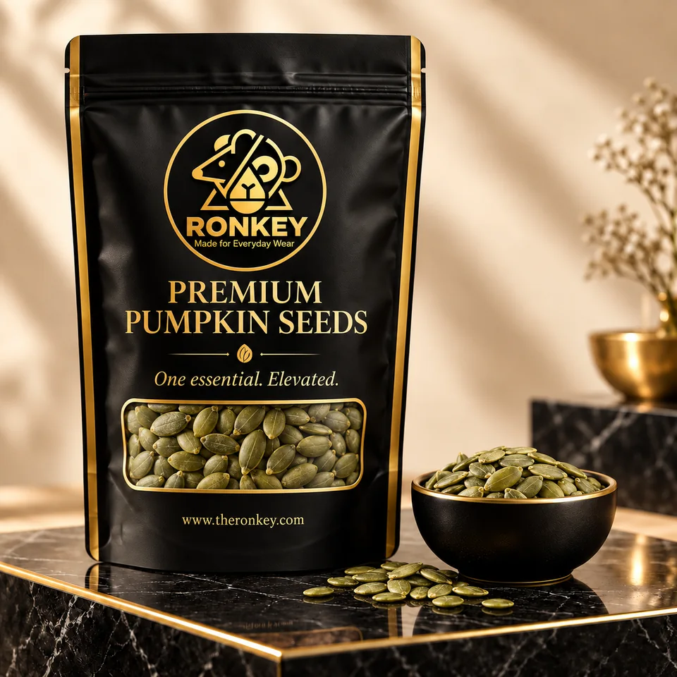 RONKEY Premium Pumpkin Seeds in a matte-black RONKEY pouch with a clear seed window. — representative concept visual