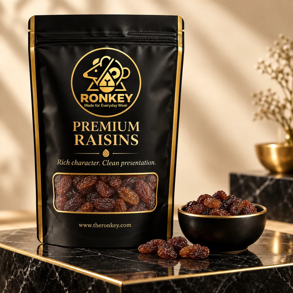 RONKEY Premium Raisins in black-and-gold RONKEY packaging. — representative concept visual