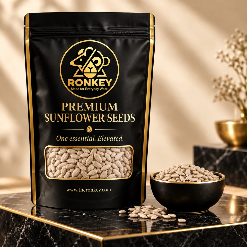 RONKEY Premium Sunflower Seeds in a matte-black RONKEY pouch with a clear seed window. — representative concept visual