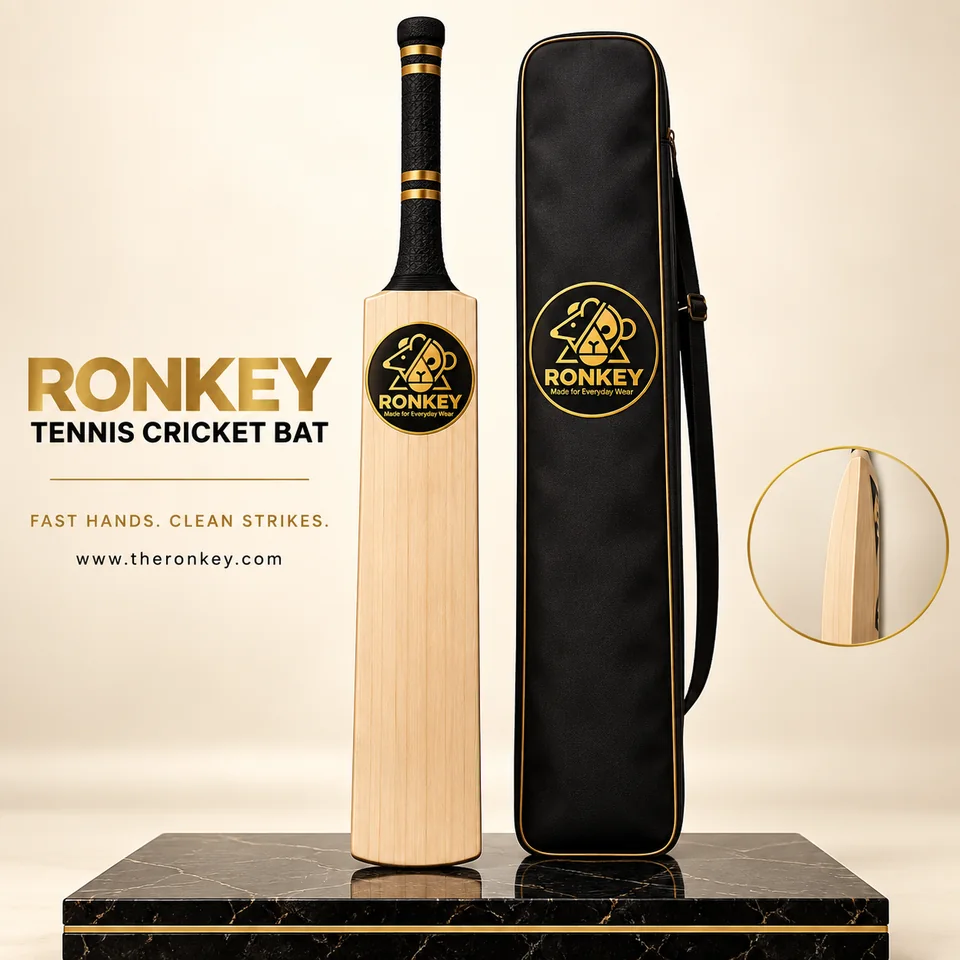 RONKEY Premium Tennis-Cricket Bat with RONKEY logo and black luxury bat cover. — representative concept visual