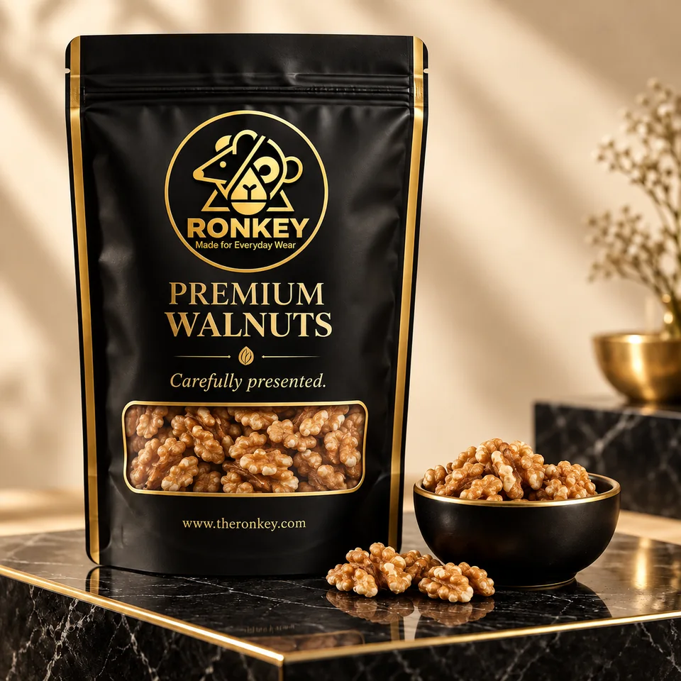 RONKEY Premium Walnuts in black-and-gold RONKEY packaging. — representative concept visual
