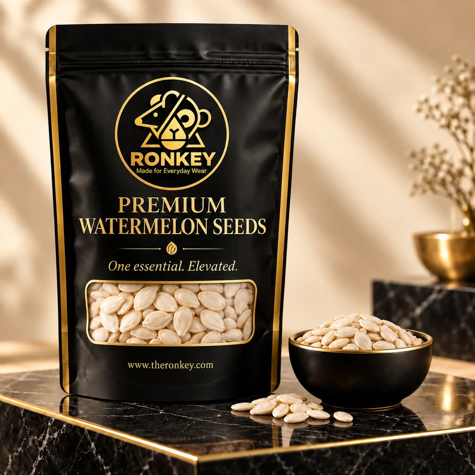 RONKEY Premium Watermelon Seeds in a matte-black RONKEY pouch with a clear seed window. — representative concept visual