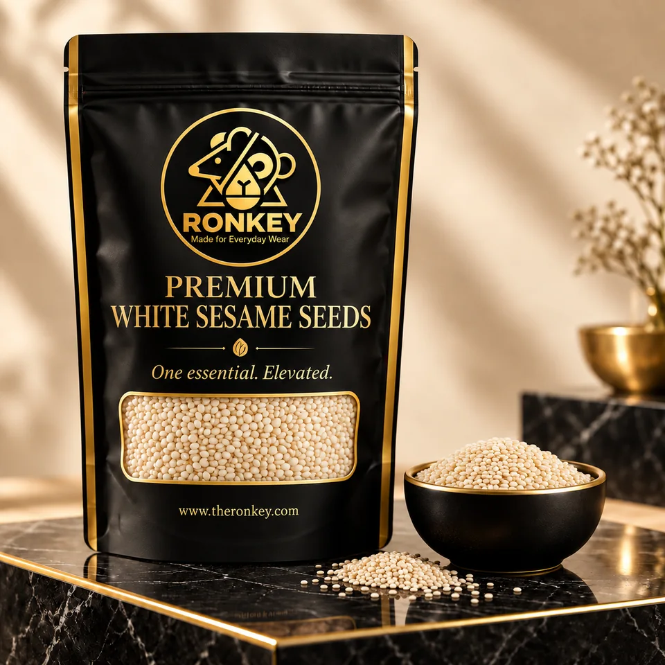 RONKEY Premium White Sesame Seeds in a matte-black RONKEY pouch with a clear seed window. — representative concept visual
