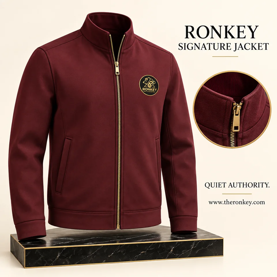 RONKEY Signature Jacket with small RONKEY chest logo in a luxury studio presentation. — representative concept visual