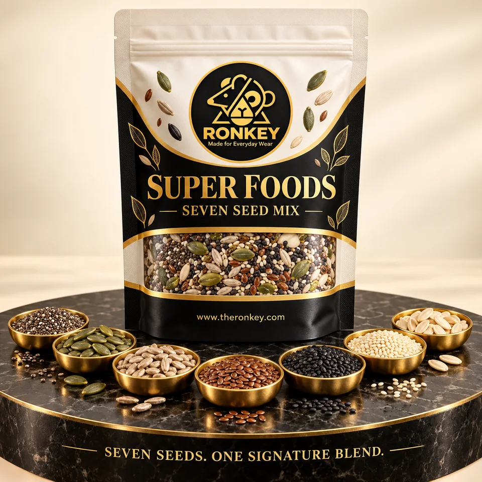 RONKEY SUPER FOODS Seven Seed Mix luxury black-and-gold package with visible mixed seeds. — representative concept visual